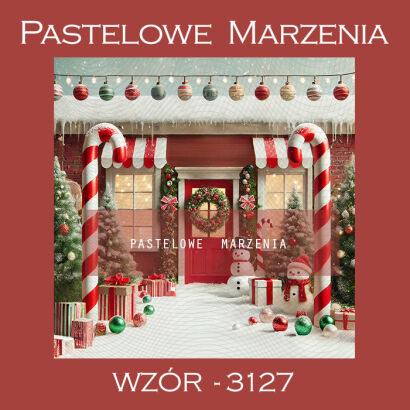 Photographic backdrop for Christmas with a red house t_3127