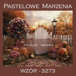 Photographic autumn backdrop with gate and flowers t_3273