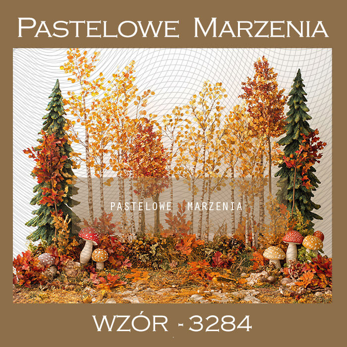 Photographic autumn backdrop with trees and mushrooms t_3284