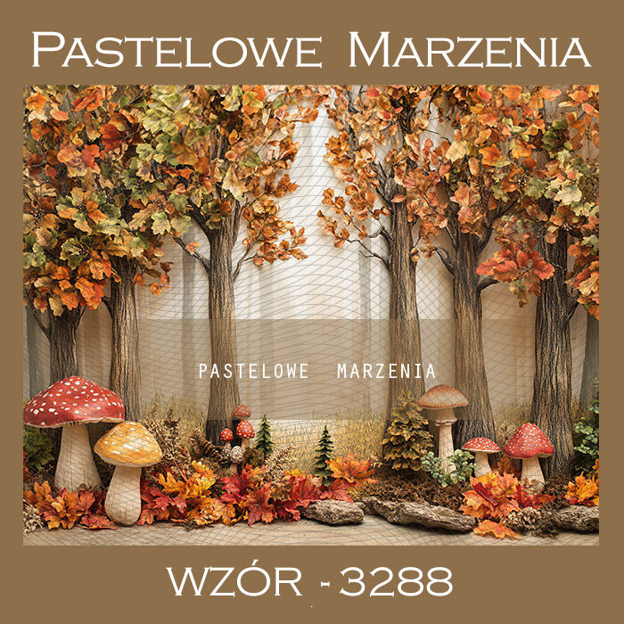 Photographic autumn backdrop with trees and mushrooms t_3288