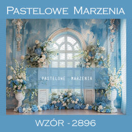 Fabric photographic backdrop from the Communion/Baptism category with white and blue flowers