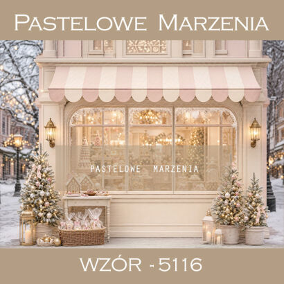 Christmas photographic background with a little shop t_5116