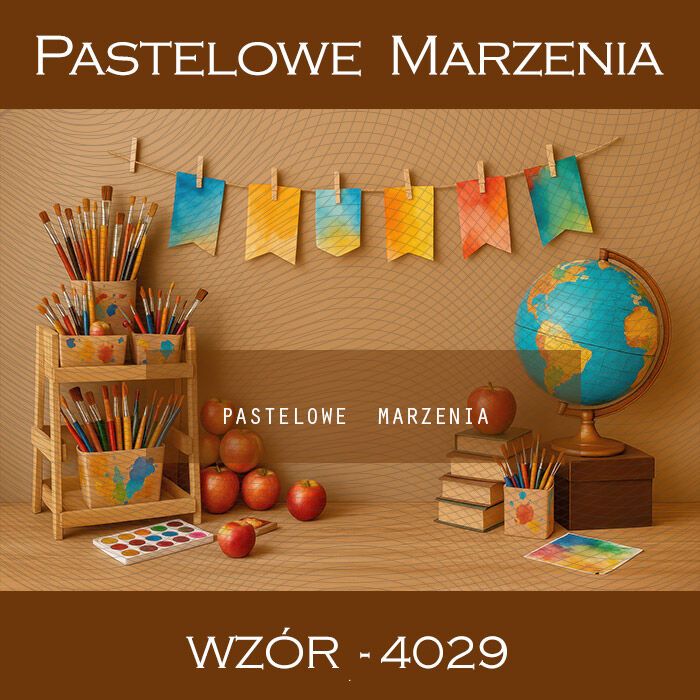 Photographic school backdrop with paintbrushes t_4029