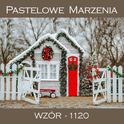 Photographic backdrop for Christmas with white fence and a house t_1120