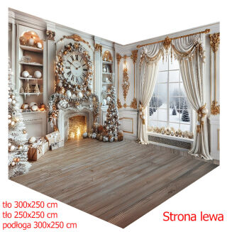 Corner photographic backdrop for Christmas. Fabric wall sizes 300x250 cm and 250x250. Vinyl floor size 300x250 cm.