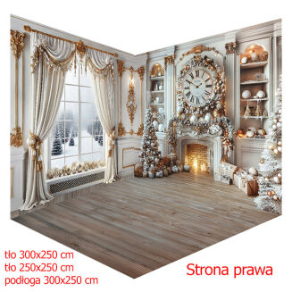 Corner photographic backdrop for Christmas. Fabric wall sizes 300x250 cm and 250x250. Vinyl floor size 300x250 cm.