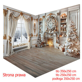 Corner photographic backdrop for Christmas. Fabric wall sizes 350x250 cm and 250x250. Vinyl floor size 350x250 cm.