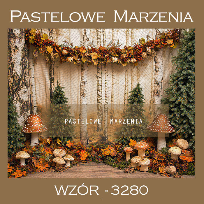 Photographic autumn backdrop with trees and mushrooms t_3280