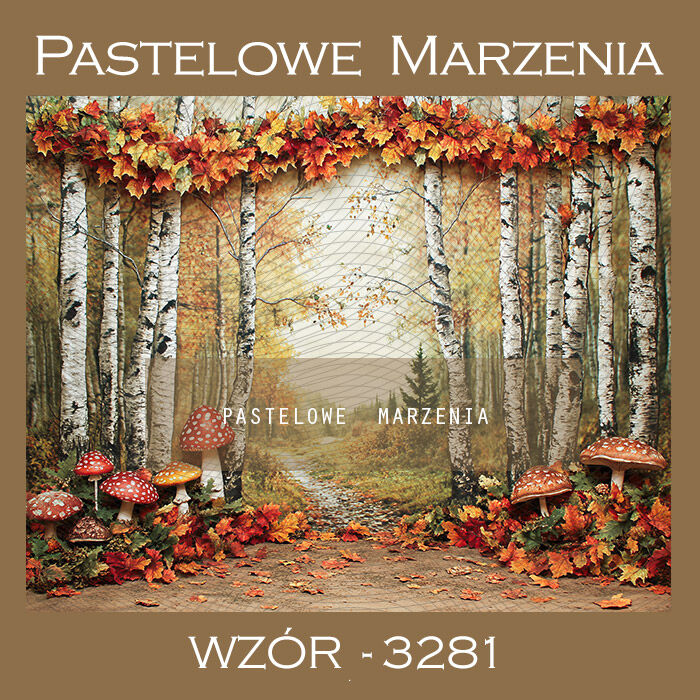 Photographic autumn backdrop with trees and mushrooms t_3281