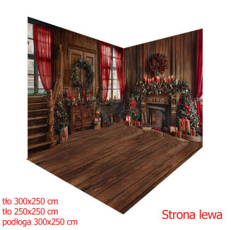 Corner photographic backdrop for Christmas. Fabric wall sizes 300x250 cm and 250x250. Vinyl floor size 300x250 cm.