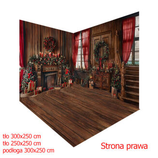 Tło fotograficzne narożne na Boże Narodzenie. Rozmiary ścianek materiałowych 300x250 cm i 250x250. Rozmiar podłogi winylowej 300x250 cm.