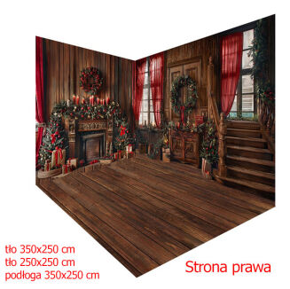 Corner photographic backdrop for Christmas. Fabric wall sizes 350x250 cm and 250x250. Vinyl floor size 350x250 cm.