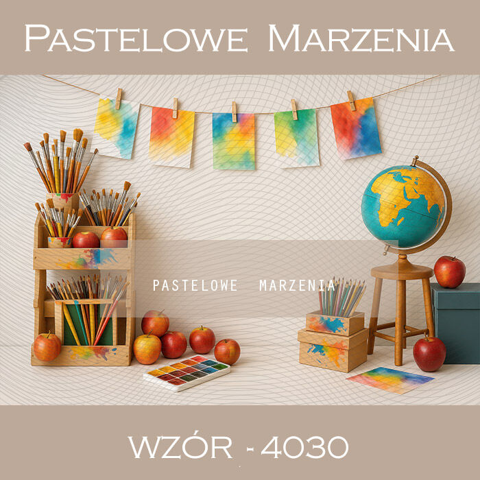 Photographic school backdrop with paintbrushes t_4030